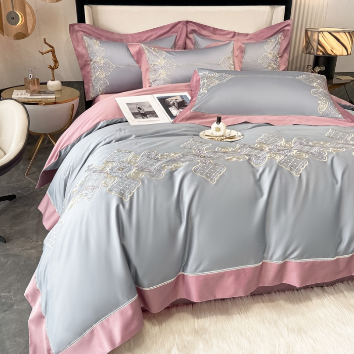 91家纺网 家纺一手货源 找家纺 品家居2021新款180S全棉澳棉刺绣四件套 伊莲-荧光灰粉