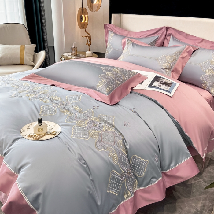 91家纺网 家纺一手货源 找家纺 品家居2021新款180S全棉澳棉刺绣四件套 伊莲-荧光灰粉