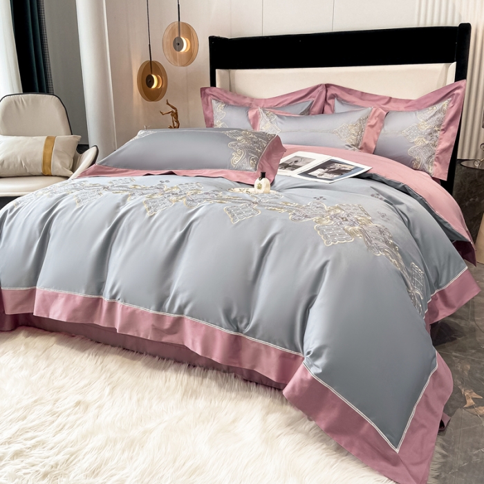 91家纺网 家纺一手货源 找家纺 品家居2021新款180S全棉澳棉刺绣四件套 伊莲-荧光灰粉