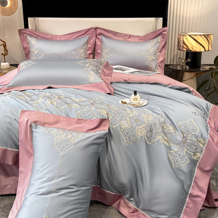 91家纺网 家纺一手货源 找家纺 品家居2021新款180S全棉澳棉刺绣四件套 伊莲-荧光灰粉