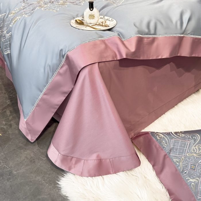 91家纺网 家纺一手货源 找家纺 品家居2021新款180S全棉澳棉刺绣四件套 伊莲-荧光灰粉