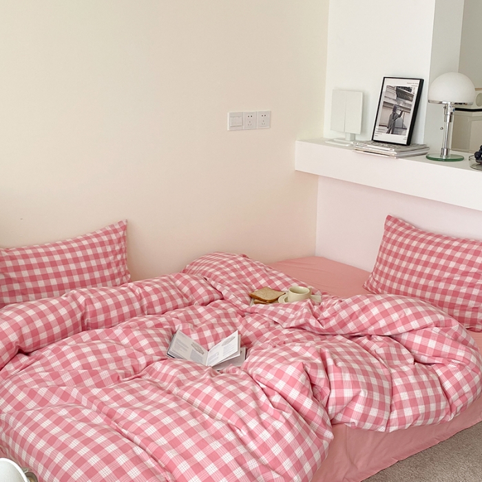 91家纺网 家纺一手货源 找家纺 梦享生活家居 2021新款水洗棉色织全棉四件套 晓月格粉