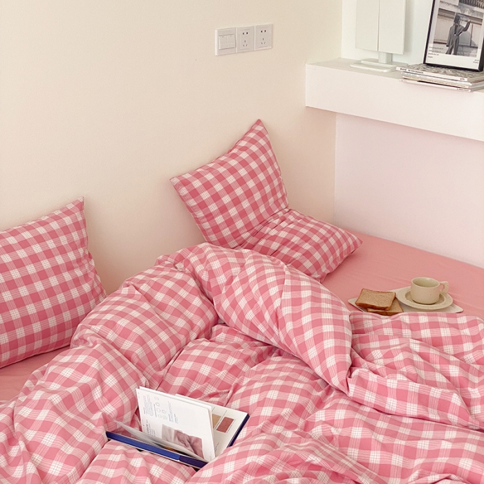 91家纺网 家纺一手货源 找家纺 梦享生活家居 2021新款水洗棉色织全棉四件套 晓月格粉