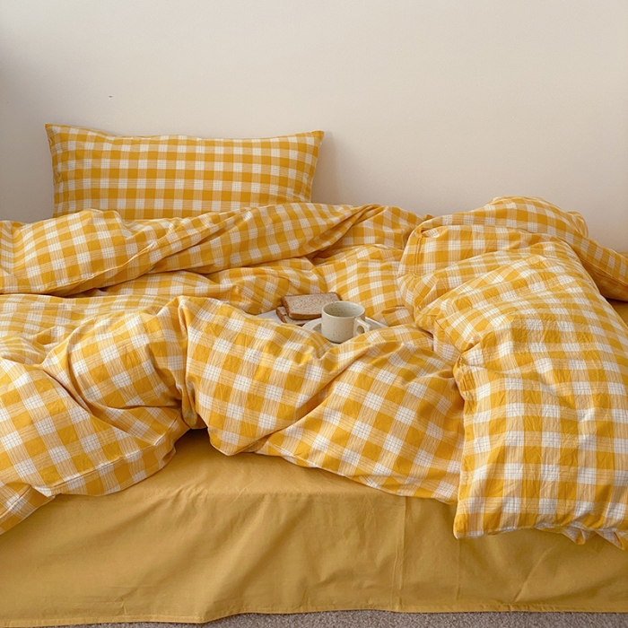 91家纺网 家纺一手货源 找家纺 梦享生活家居 2021新款水洗棉色织全棉四件套 晓月格黄