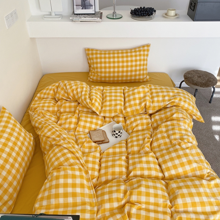 91家纺网 家纺一手货源 找家纺 梦享生活家居 2021新款水洗棉色织全棉四件套 晓月格黄