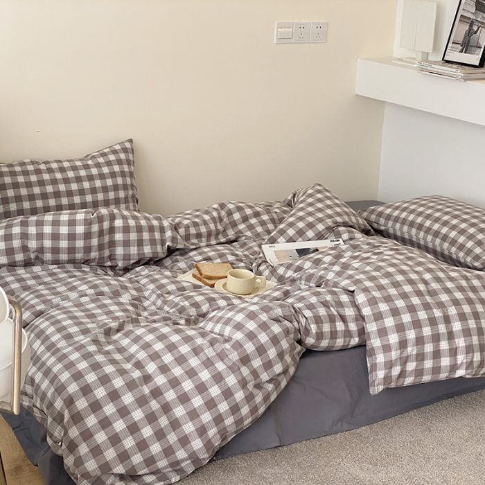 91家纺网 家纺一手货源 找家纺 梦享生活家居 2021新款水洗棉色织全棉四件套 晓月格灰