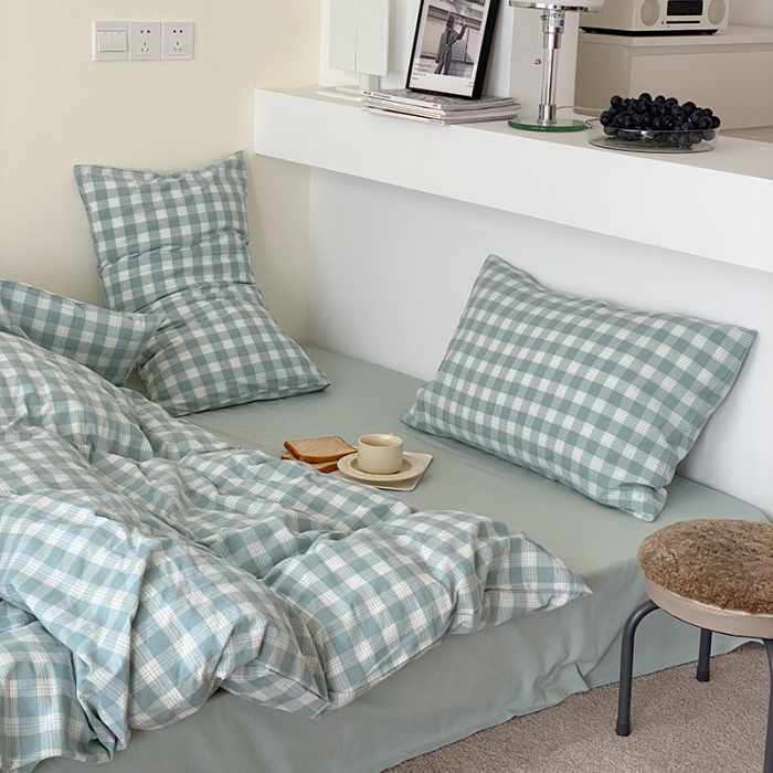 91家纺网 家纺一手货源 找家纺 梦享生活家居 2021新款水洗棉色织全棉四件套 晓月格绿