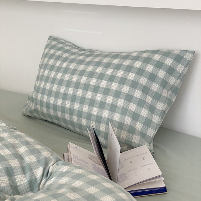 91家纺网 家纺一手货源 找家纺 梦享生活家居 2021新款水洗棉色织全棉四件套 晓月格绿