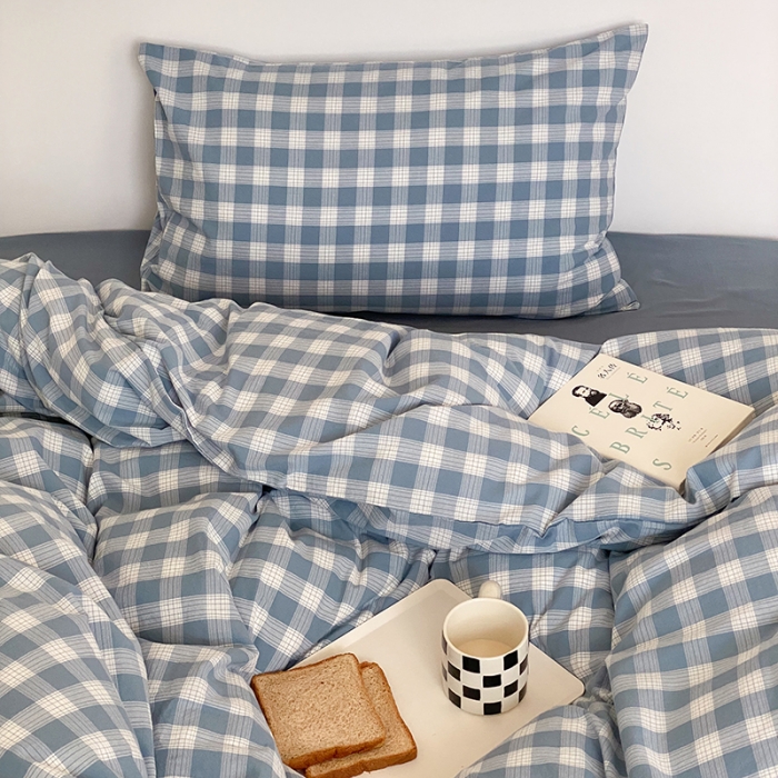 91家纺网 家纺一手货源 找家纺 梦享生活家居 2021新款水洗棉色织全棉四件套 晓月格雾蓝