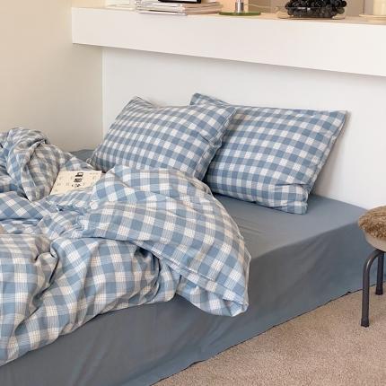 梦享生活家居 2021新款水洗棉色织全棉四件套 晓月格雾蓝