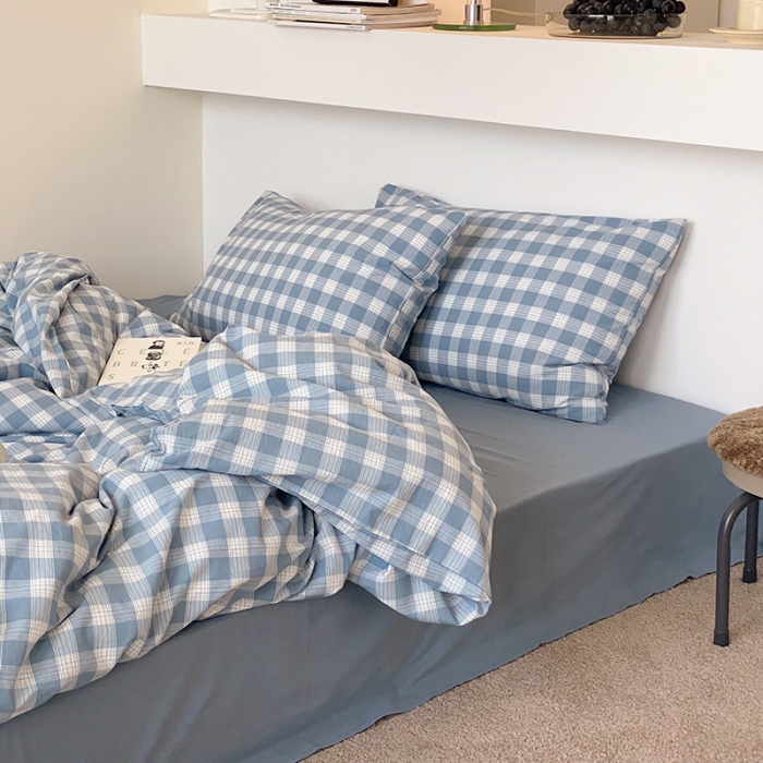 91家纺网 家纺一手货源 找家纺 梦享生活家居 2021新款水洗棉色织全棉四件套 晓月格雾蓝