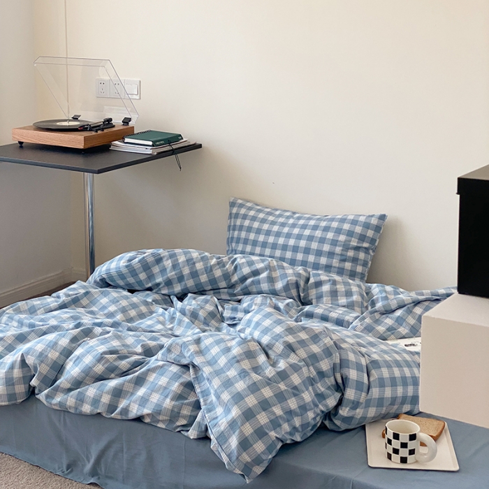 91家纺网 家纺一手货源 找家纺 梦享生活家居 2021新款水洗棉色织全棉四件套 晓月格雾蓝