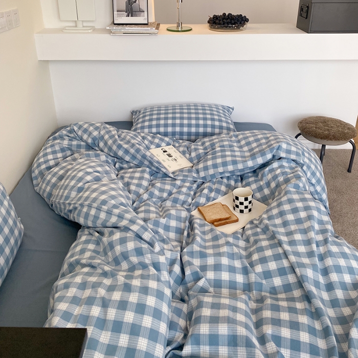 91家纺网 家纺一手货源 找家纺 梦享生活家居 2021新款水洗棉色织全棉四件套 晓月格雾蓝