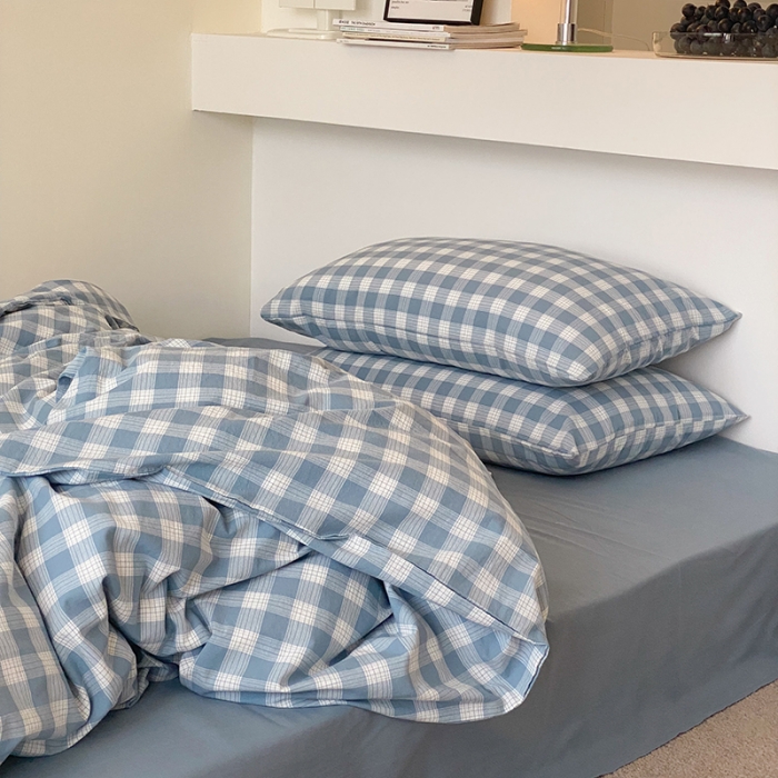 91家纺网 家纺一手货源 找家纺 梦享生活家居 2021新款水洗棉色织全棉四件套 晓月格雾蓝