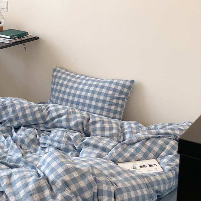 91家纺网 家纺一手货源 找家纺 梦享生活家居 2021新款水洗棉色织全棉四件套 晓月格雾蓝