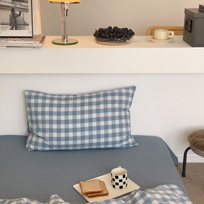 91家纺网 家纺一手货源 找家纺 梦享生活家居 2021新款水洗棉色织全棉四件套 晓月格雾蓝