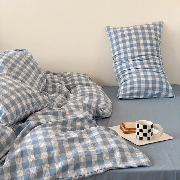 91家纺网 家纺一手货源 找家纺 梦享生活家居 2021新款水洗棉色织全棉四件套 晓月格雾蓝