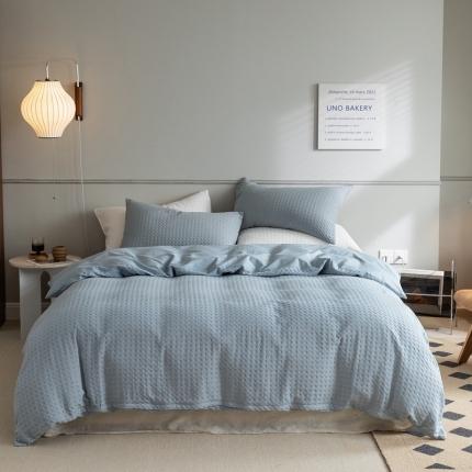 91家纺网 家纺一手货源 找家纺 梦享生活 2021新款华夫格水洗棉四件套 雾青