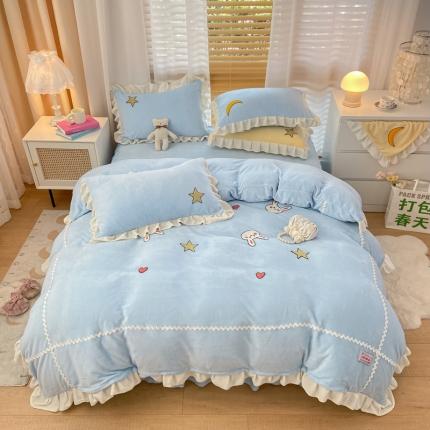 91家纺网 家纺一手货源 找家纺 安哆啦2021新款230g毛巾绣牛奶绒花边四件套萌萌兔海盐蓝
