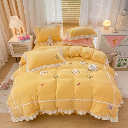 91家纺网 家纺一手货源 找家纺 安哆啦2021新款230g毛巾绣牛奶绒花边四件套萌萌兔-亮黄