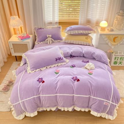91家纺网 家纺一手货源 找家纺 安哆啦2021新款230g毛巾绣牛奶绒花边四件套小花花香芋紫