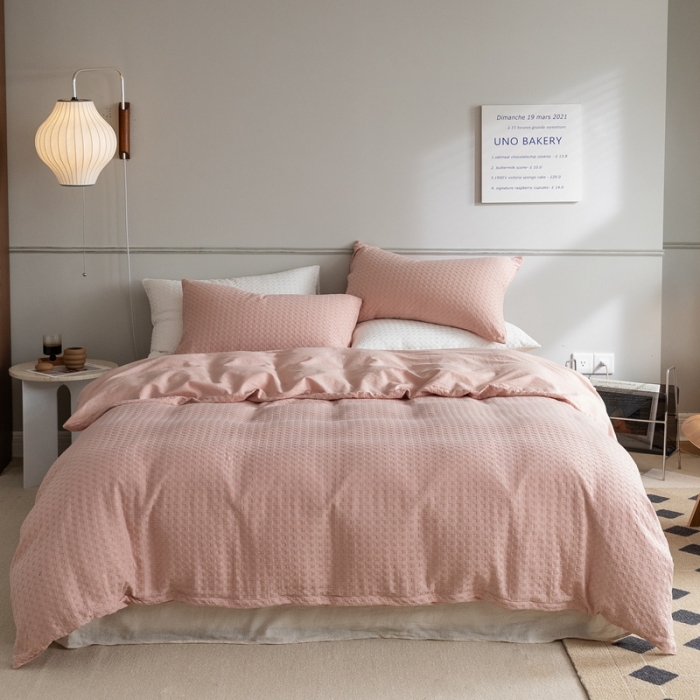 91家纺网 家纺一手货源 找家纺 梦享生活 2021新款华夫格水洗棉四件套 淡绯