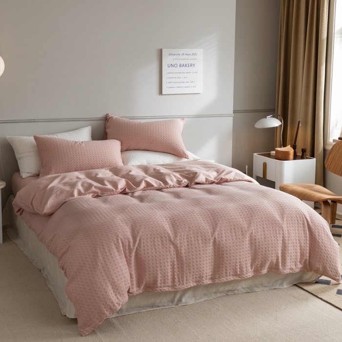 91家纺网 家纺一手货源 找家纺 梦享生活 2021新款华夫格水洗棉四件套 淡绯