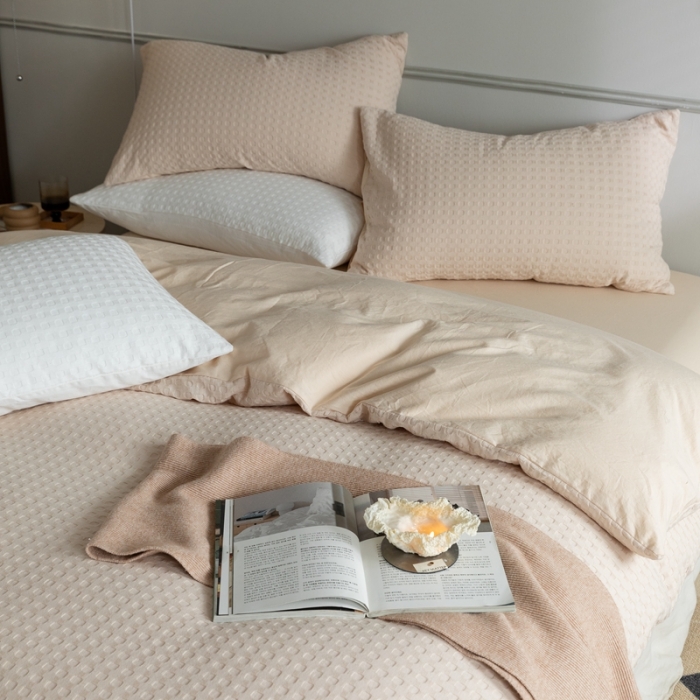 91家纺网 家纺一手货源 找家纺 梦享生活 2021新款华夫格水洗棉四件套 奶杏