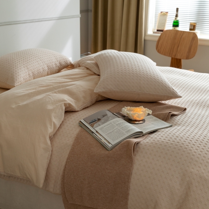 91家纺网 家纺一手货源 找家纺 梦享生活 2021新款华夫格水洗棉四件套 奶杏