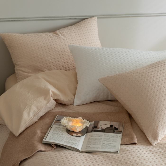 91家纺网 家纺一手货源 找家纺 梦享生活 2021新款华夫格水洗棉四件套 奶杏