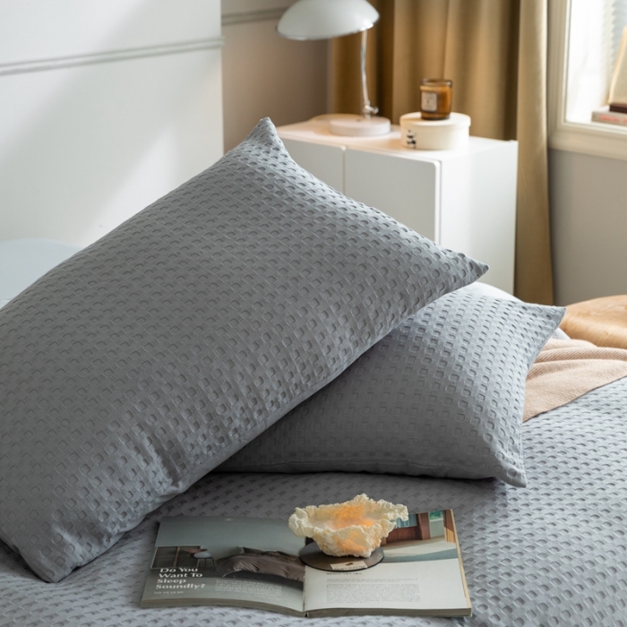 91家纺网 家纺一手货源 找家纺 梦享生活 2021新款华夫格水洗棉四件套 穹灰