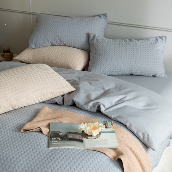 91家纺网 家纺一手货源 找家纺 梦享生活 2021新款华夫格水洗棉四件套 穹灰