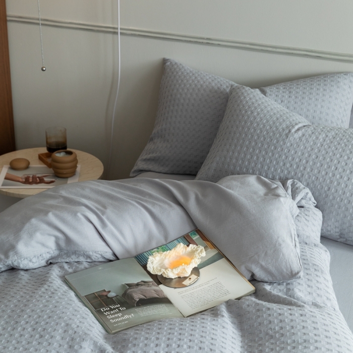 91家纺网 家纺一手货源 找家纺 梦享生活 2021新款华夫格水洗棉四件套 穹灰