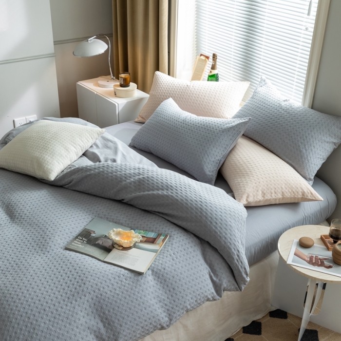 91家纺网 家纺一手货源 找家纺 梦享生活 2021新款华夫格水洗棉四件套 穹灰