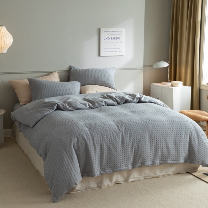 91家纺网 家纺一手货源 找家纺 梦享生活 2021新款华夫格水洗棉四件套 穹灰