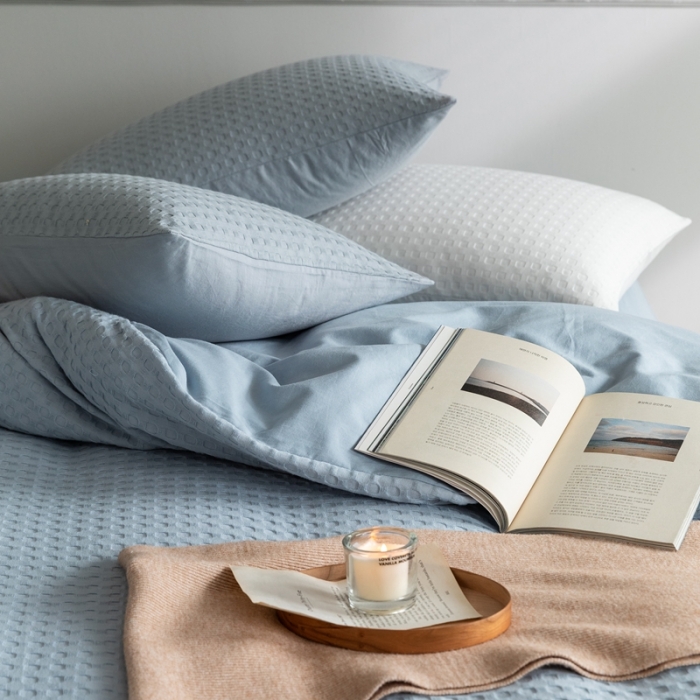 91家纺网 家纺一手货源 找家纺 梦享生活 2021新款华夫格水洗棉四件套 雾青