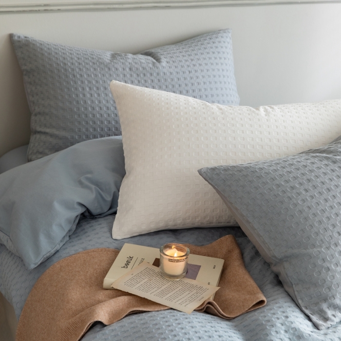 91家纺网 家纺一手货源 找家纺 梦享生活 2021新款华夫格水洗棉四件套 雾青