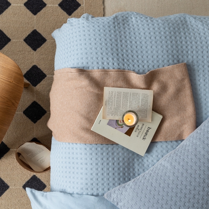 91家纺网 家纺一手货源 找家纺 梦享生活 2021新款华夫格水洗棉四件套 雾青