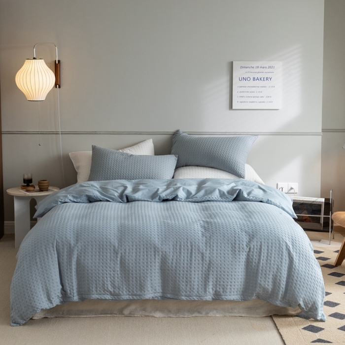 91家纺网 家纺一手货源 找家纺 梦享生活 2021新款华夫格水洗棉四件套 雾青