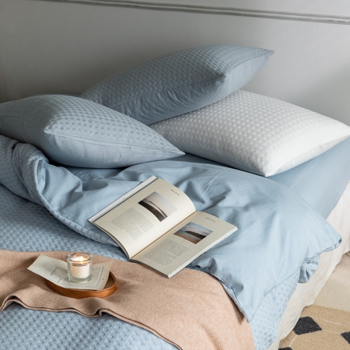 91家纺网 家纺一手货源 找家纺 梦享生活 2021新款华夫格水洗棉四件套 雾青