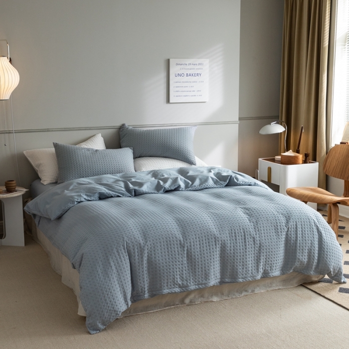 91家纺网 家纺一手货源 找家纺 梦享生活 2021新款华夫格水洗棉四件套 雾青