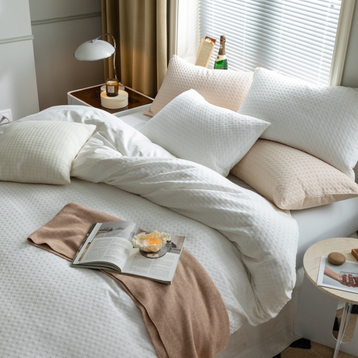 91家纺网 家纺一手货源 找家纺 梦享生活 2021新款华夫格水洗棉四件套 月白