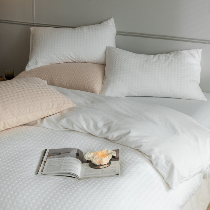 91家纺网 家纺一手货源 找家纺 梦享生活 2021新款华夫格水洗棉四件套 月白