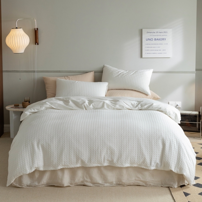 91家纺网 家纺一手货源 找家纺 梦享生活 2021新款华夫格水洗棉四件套 月白