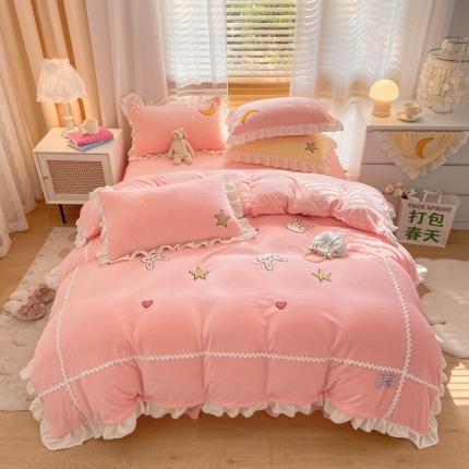 安哆啦2021新款230g毛巾绣牛奶绒花边四件套萌萌兔蜜桃粉