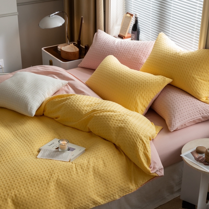 91家纺网 家纺一手货源 找家纺 梦享生活 2021新款华夫格水洗棉四件套 蒂蔻