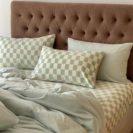 91家纺网 家纺一手货源 找家纺 风向标 新款针织婴儿绒棋盘格床笠款四件套 套件-抹茶绿棋盘格