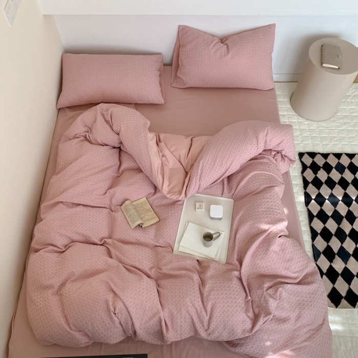 91家纺网 家纺一手货源 找家纺 梦享生活 2021新款华夫格水洗棉四件套 粉色
