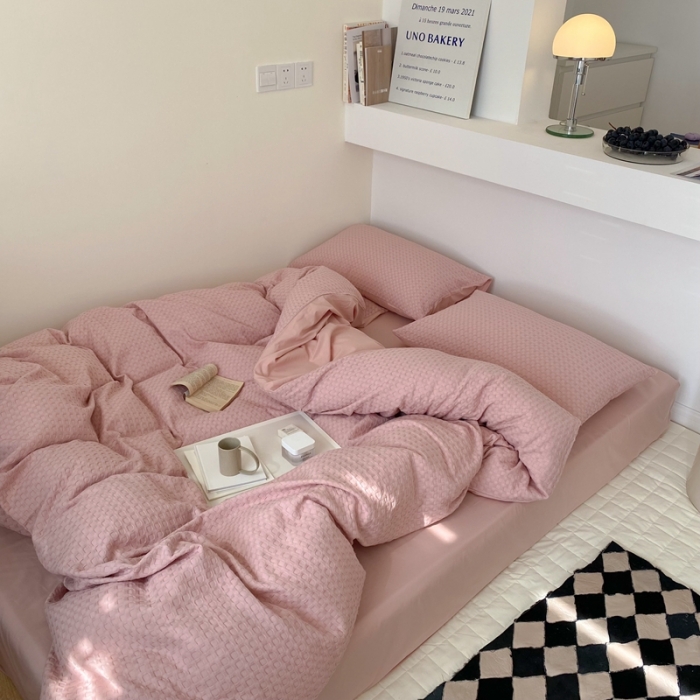 91家纺网 家纺一手货源 找家纺 梦享生活 2021新款华夫格水洗棉四件套 粉色