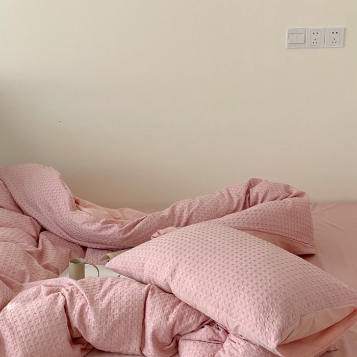 91家纺网 家纺一手货源 找家纺 梦享生活 2021新款华夫格水洗棉四件套 粉色